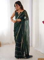 Vegaa Fashion Green Smooth Sitara Fabric Moti & Val Sequence Designer Saree | Grocsy