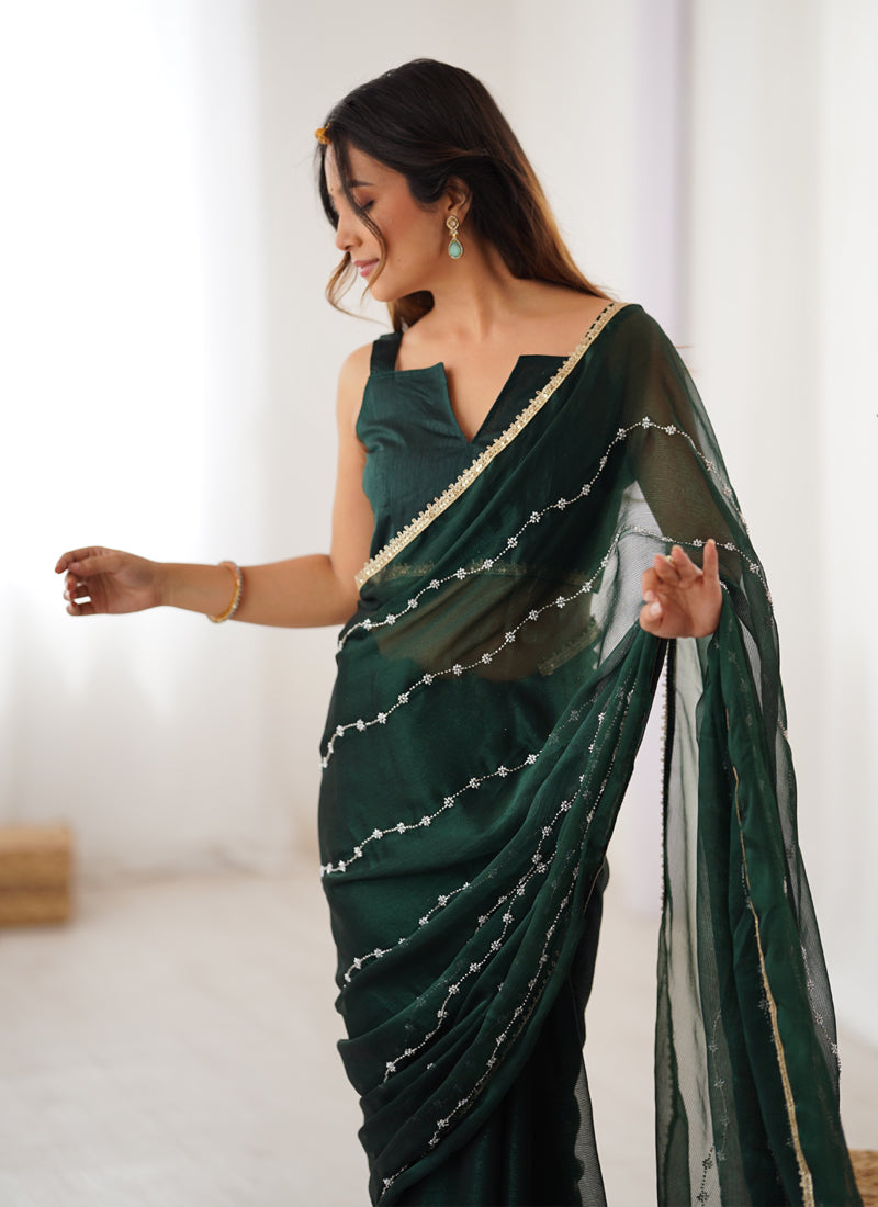Vegaa Fashion Green Smooth Sitara Fabric Moti & Val Sequence Designer Saree | Grocsy