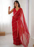 Vegaa Fashion Red Smooth Sitara Fabric Moti & Val Sequence Designer Saree | Grocsy