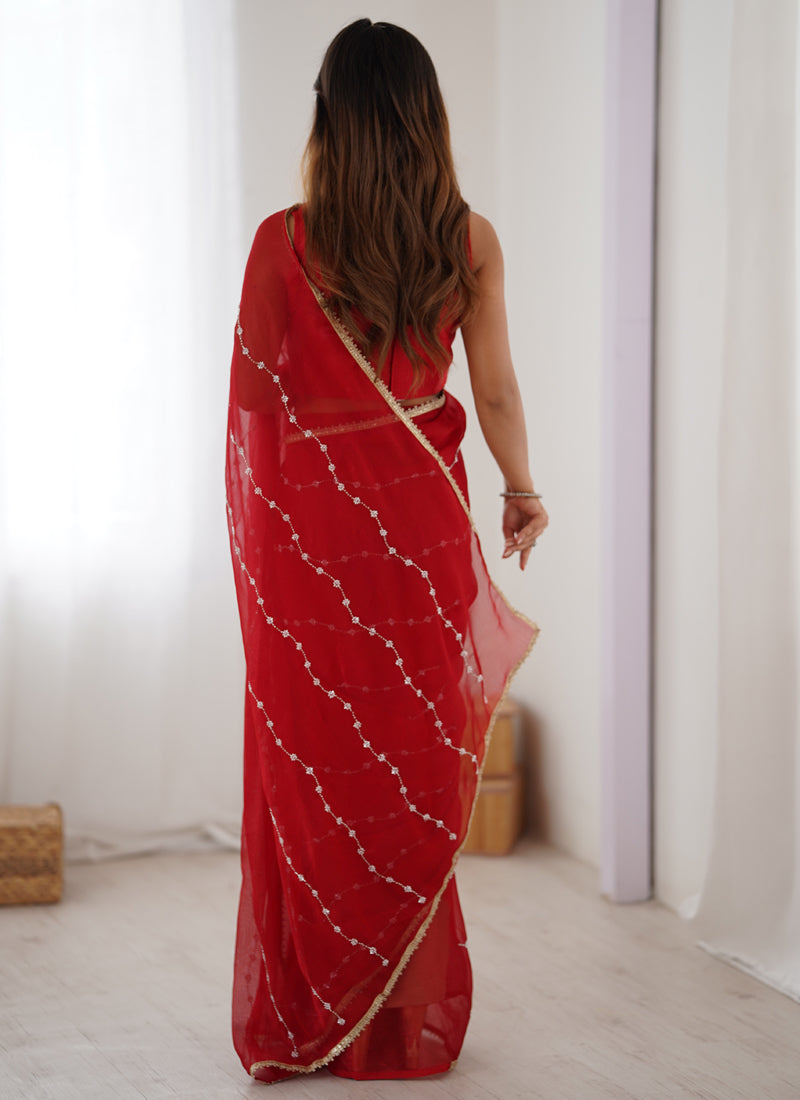 Vegaa Fashion Red Smooth Sitara Fabric Moti & Val Sequence Designer Saree | Grocsy