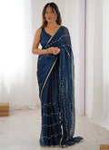Vegaa Fashion Blue Smooth Sitara Fabric Moti & Val Sequence Designer Saree | Grocsy