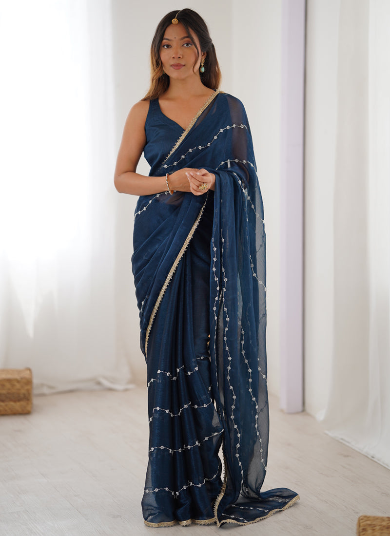Vegaa Fashion Blue Smooth Sitara Fabric Moti & Val Sequence Designer Saree | Grocsy