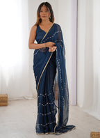 Vegaa Fashion Blue Smooth Sitara Fabric Moti & Val Sequence Designer Saree | Grocsy