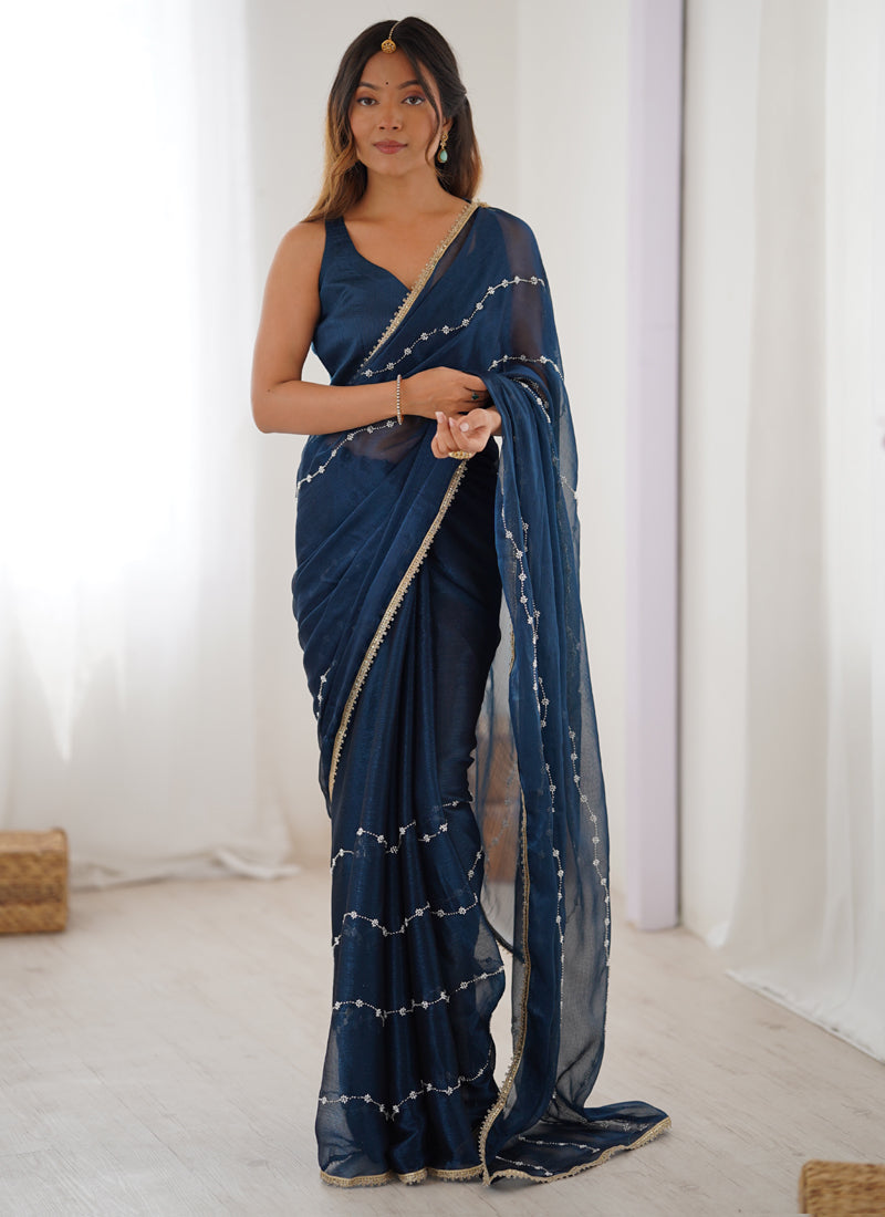 Vegaa Fashion Blue Smooth Sitara Fabric Moti & Val Sequence Designer Saree | Grocsy