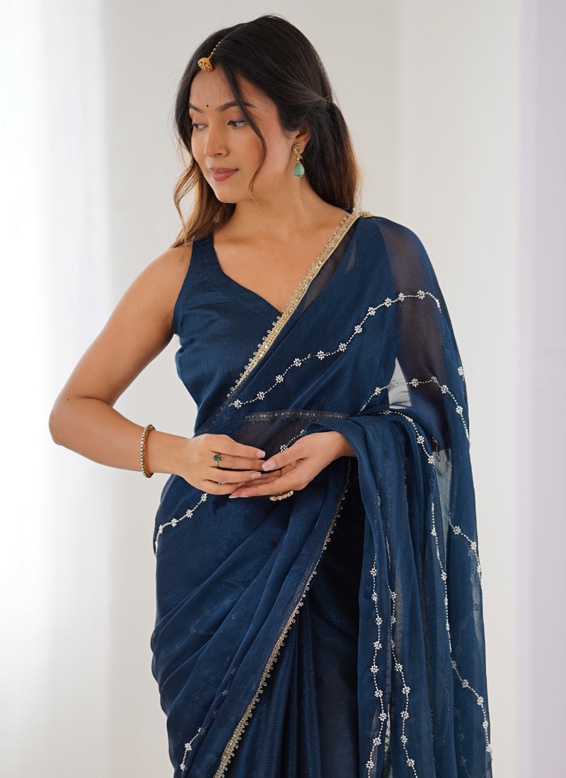 Vegaa Fashion Blue Smooth Sitara Fabric Moti & Val Sequence Designer Saree | Grocsy