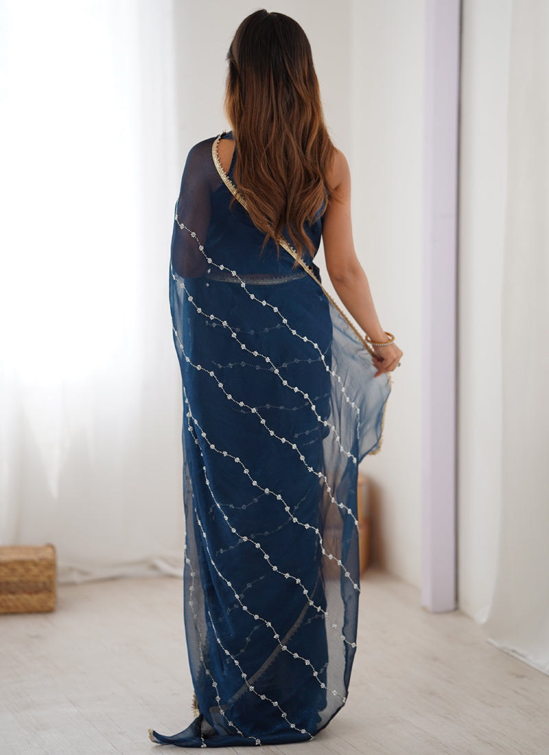 Vegaa Fashion Blue Smooth Sitara Fabric Moti & Val Sequence Designer Saree | Grocsy