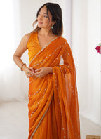 Vegaa Fashion Orange Smooth Sitara Fabric Moti & Val Sequence Designer Saree | Grocsy