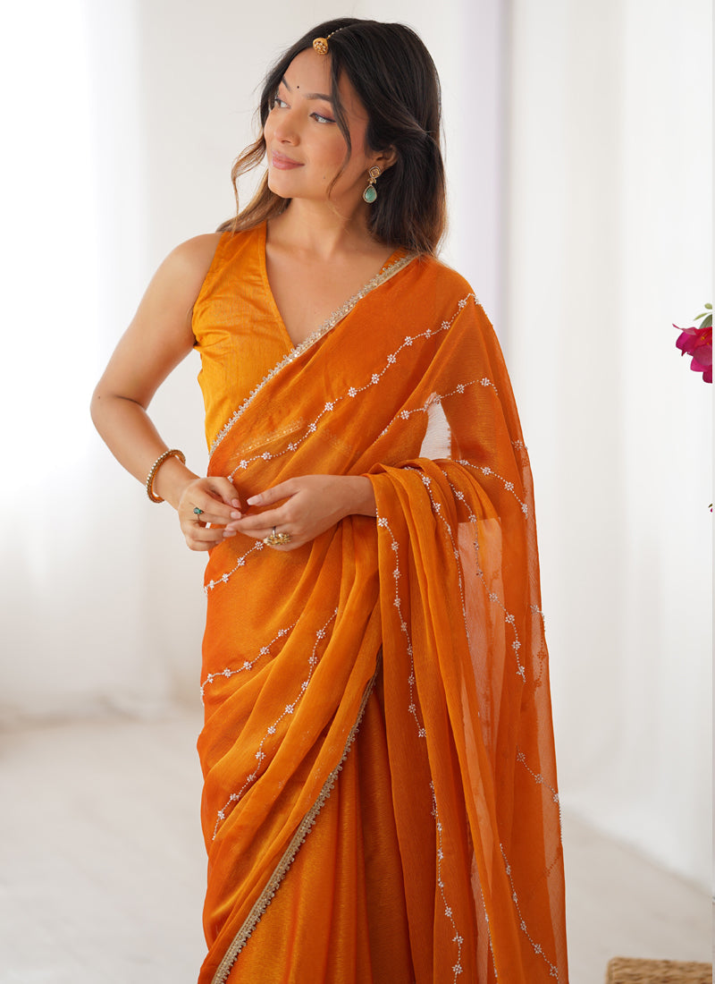 Vegaa Fashion Orange Smooth Sitara Fabric Moti & Val Sequence Designer Saree | Grocsy