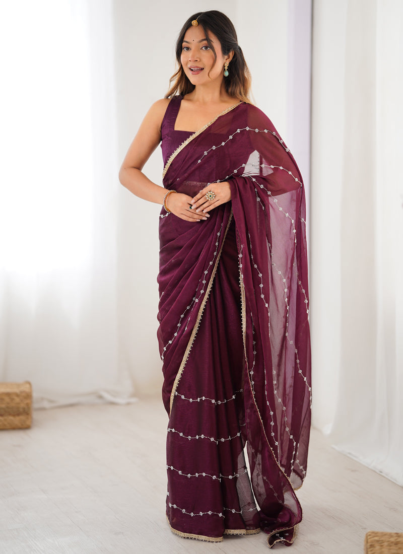 Vegaa Fashion Wine Smooth Sitara Fabric Moti & Val Sequence Designer Saree | Grocsy
