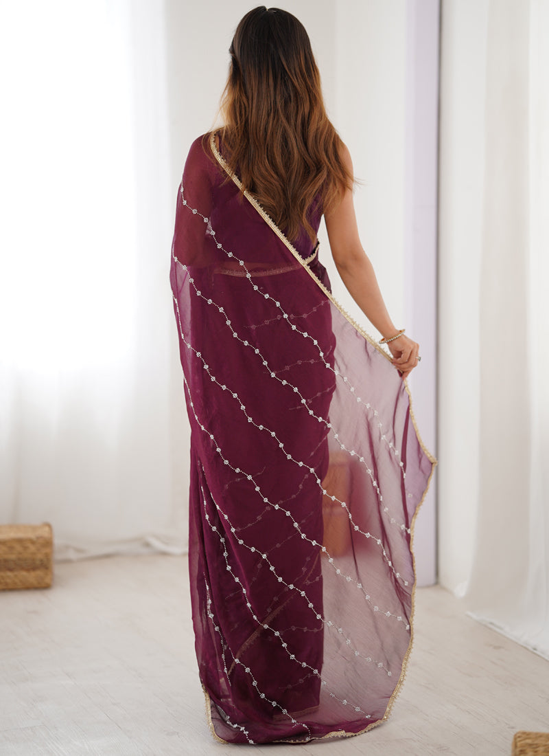 Vegaa Fashion Wine Smooth Sitara Fabric Moti & Val Sequence Designer Saree | Grocsy