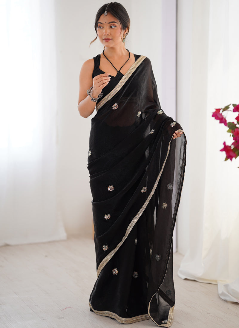 Vegaa Fashion Black Fandy Silk Moti & Val Sequence Designer Saree | Grocsy