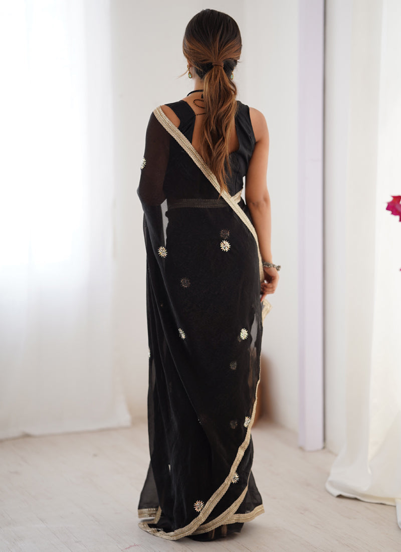 Vegaa Fashion Black Fandy Silk Moti & Val Sequence Designer Saree | Grocsy