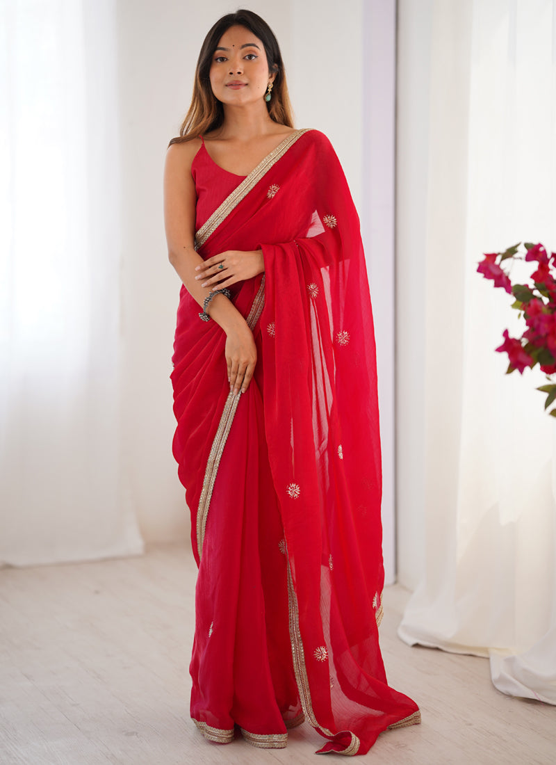 Vegaa Fashion Red Fandy Silk Moti & Val Sequence Designer Saree | Grocsy