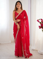 Vegaa Fashion Red Fandy Silk Moti & Val Sequence Designer Saree | Grocsy