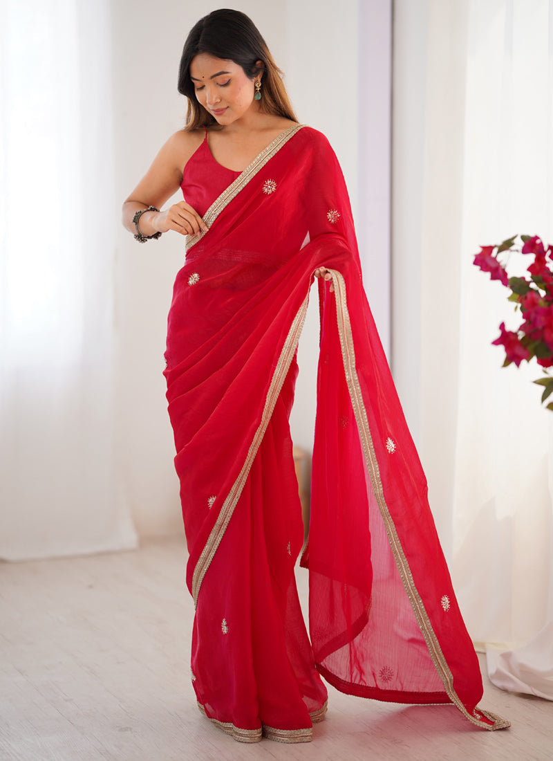 Vegaa Fashion Red Fandy Silk Moti & Val Sequence Designer Saree | Grocsy