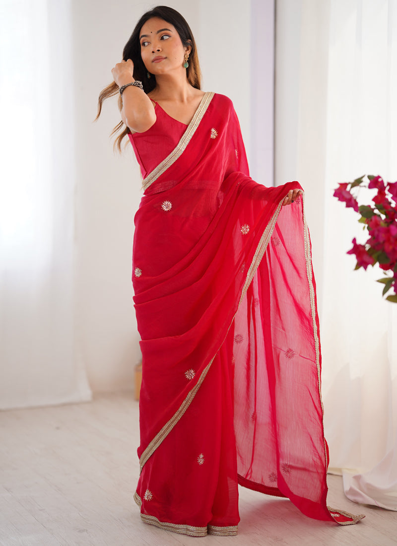 Vegaa Fashion Red Fandy Silk Moti & Val Sequence Designer Saree | Grocsy