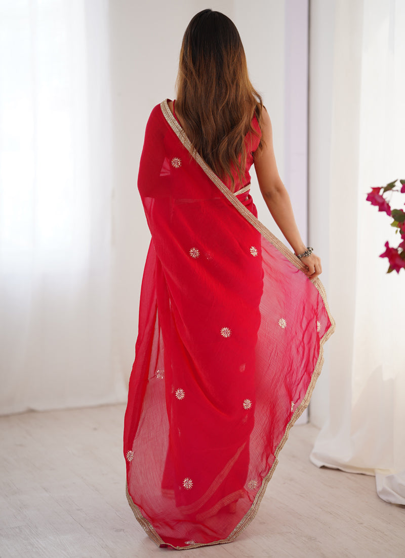 Vegaa Fashion Red Fandy Silk Moti & Val Sequence Designer Saree | Grocsy