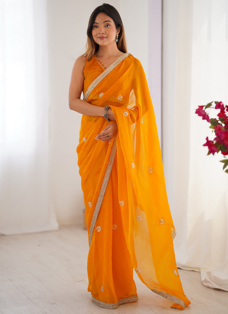 Vegaa Fashion Yellow Fandy Silk Moti & Val Sequence Designer Saree | Grocsy