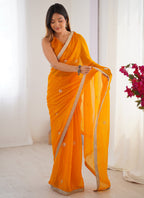 Vegaa Fashion Yellow Fandy Silk Moti & Val Sequence Designer Saree | Grocsy