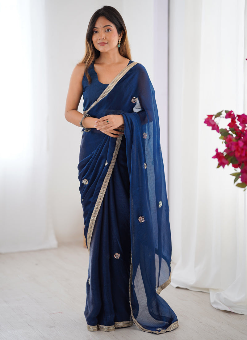 Vegaa Fashion Blue Fandy Silk Moti & Val Sequence Designer Saree | Grocsy