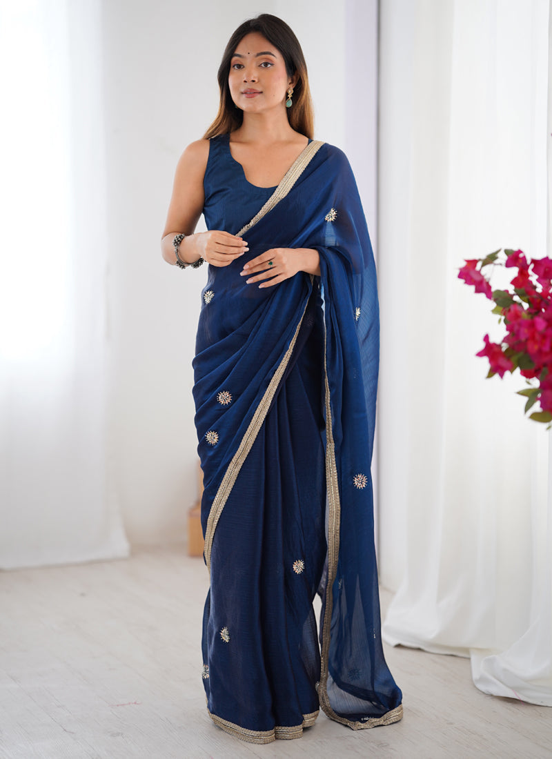 Vegaa Fashion Blue Fandy Silk Moti & Val Sequence Designer Saree | Grocsy