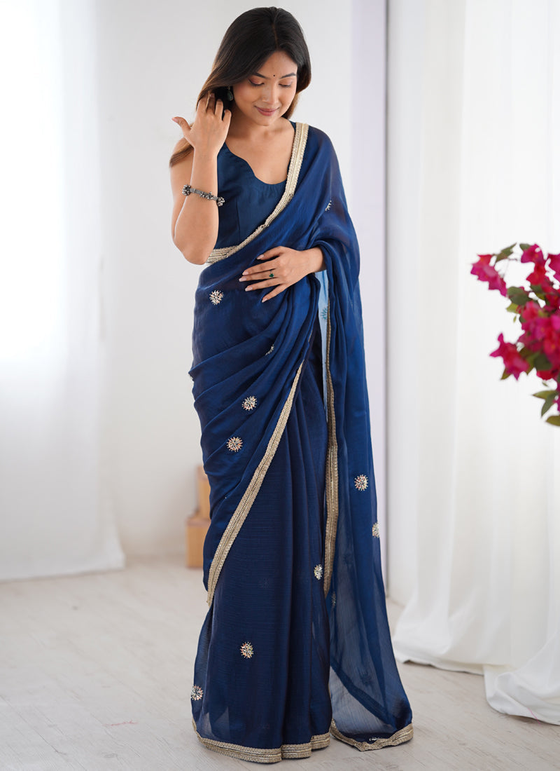 Vegaa Fashion Blue Fandy Silk Moti & Val Sequence Designer Saree | Grocsy