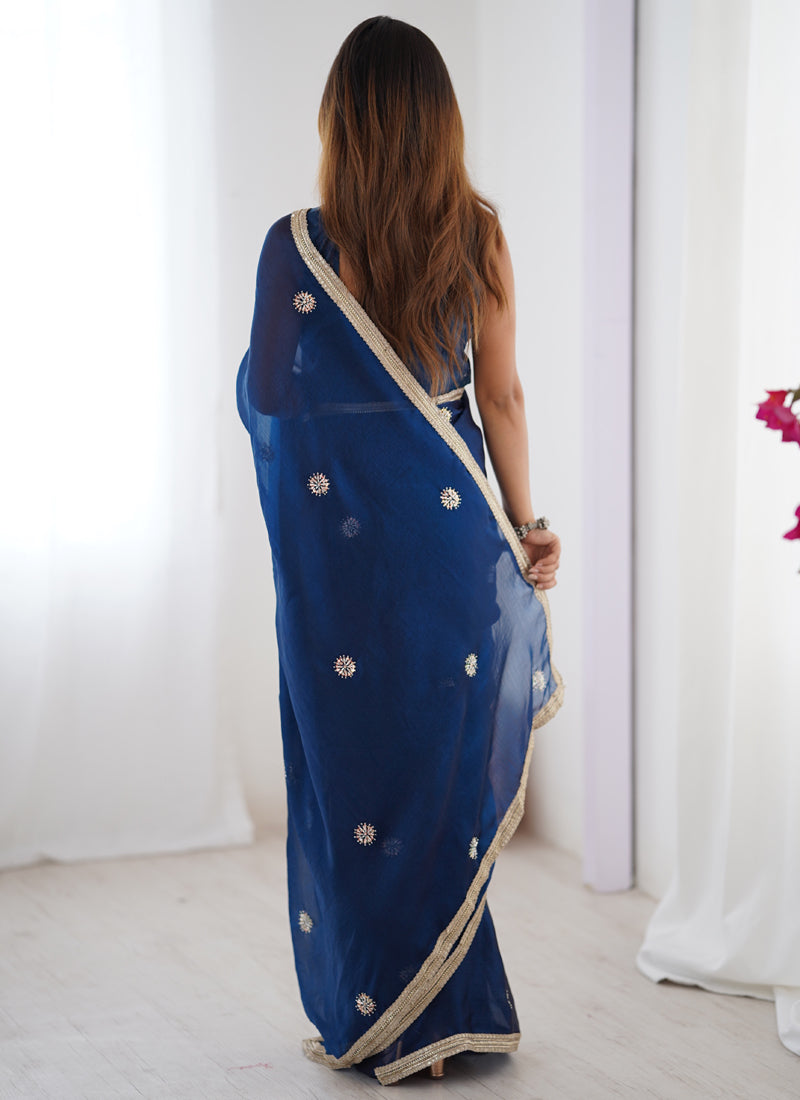 Vegaa Fashion Blue Fandy Silk Moti & Val Sequence Designer Saree | Grocsy