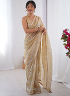Vegaa Fashion Beige Organza Moti & Val Sequence Party Wear Saree | Grocsy
