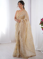 Vegaa Fashion Beige Organza Moti & Val Sequence Party Wear Saree | Grocsy