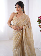 Vegaa Fashion Beige Organza Moti & Val Sequence Party Wear Saree | Grocsy
