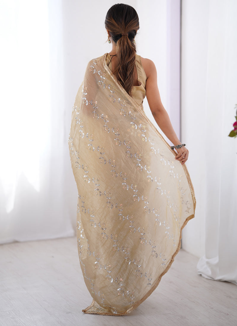 Vegaa Fashion Beige Organza Moti & Val Sequence Party Wear Saree | Grocsy
