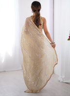 Vegaa Fashion Beige Organza Moti & Val Sequence Party Wear Saree | Grocsy