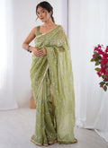 Vegaa Fashion Light Green Organza Moti & Val Sequence Party Wear Saree | Grocsy