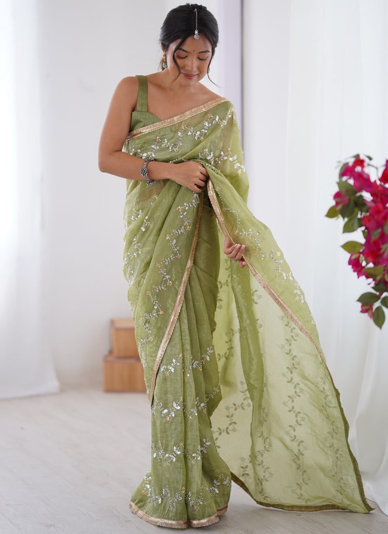 Vegaa Fashion Light Green Organza Moti & Val Sequence Party Wear Saree | Grocsy