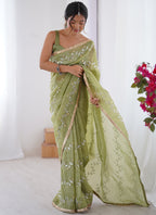 Vegaa Fashion Light Green Organza Moti & Val Sequence Party Wear Saree | Grocsy