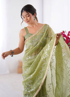 Vegaa Fashion Light Green Organza Moti & Val Sequence Party Wear Saree | Grocsy