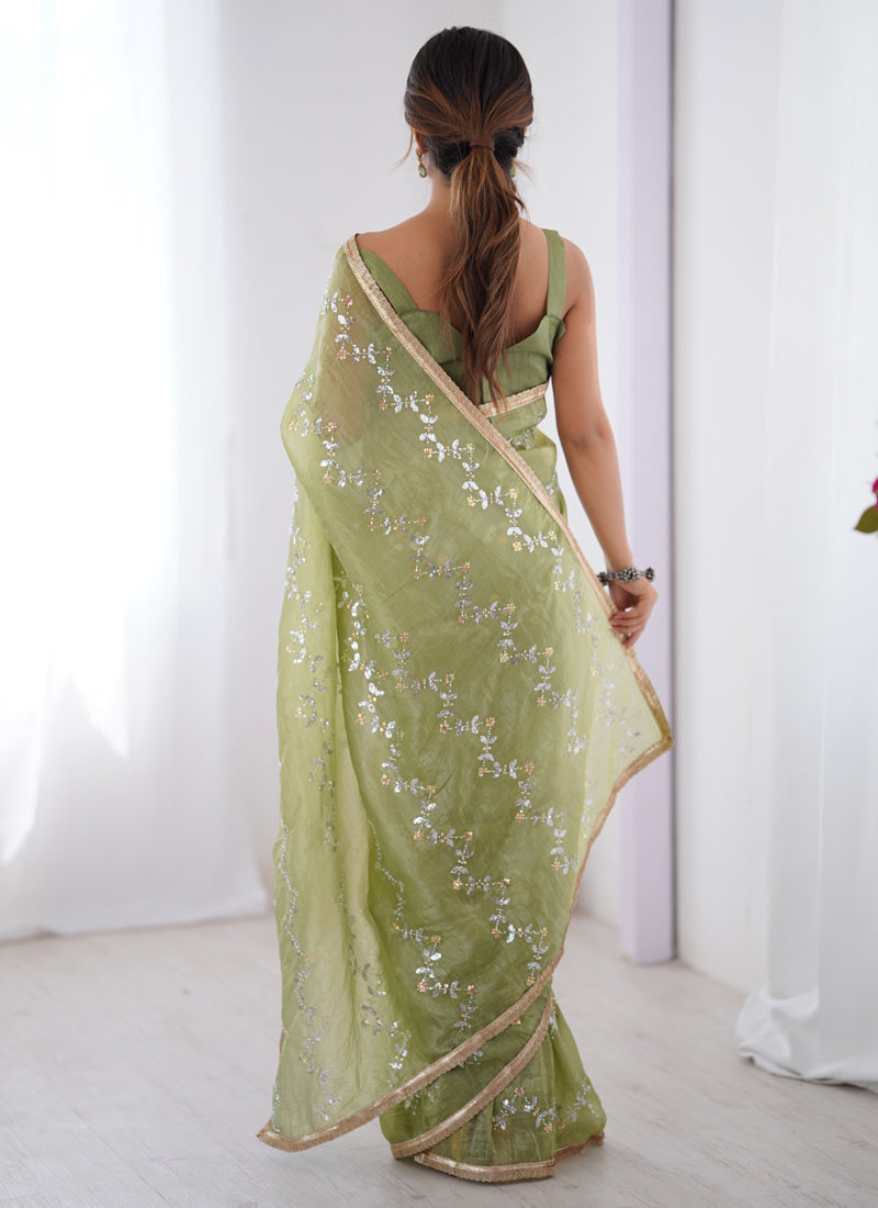 Vegaa Fashion Light Green Organza Moti & Val Sequence Party Wear Saree | Grocsy