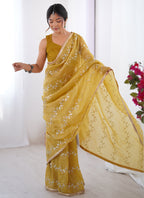 Vegaa Fashion Mustard Organza Moti & Val Sequence Party Wear Saree | Grocsy