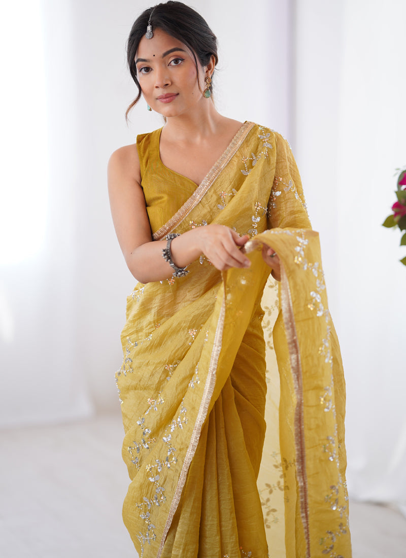 Vegaa Fashion Mustard Organza Moti & Val Sequence Party Wear Saree | Grocsy