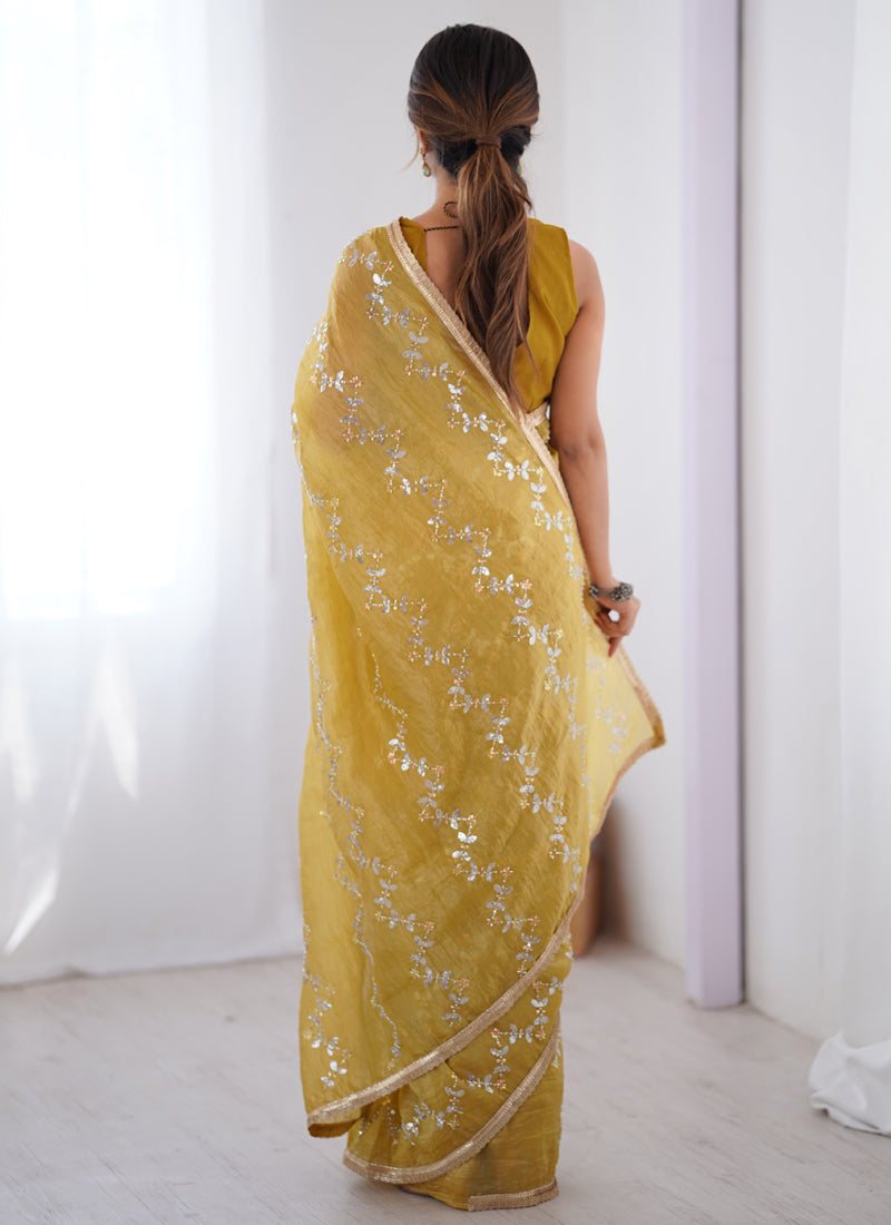 Vegaa Fashion Mustard Organza Moti & Val Sequence Party Wear Saree | Grocsy