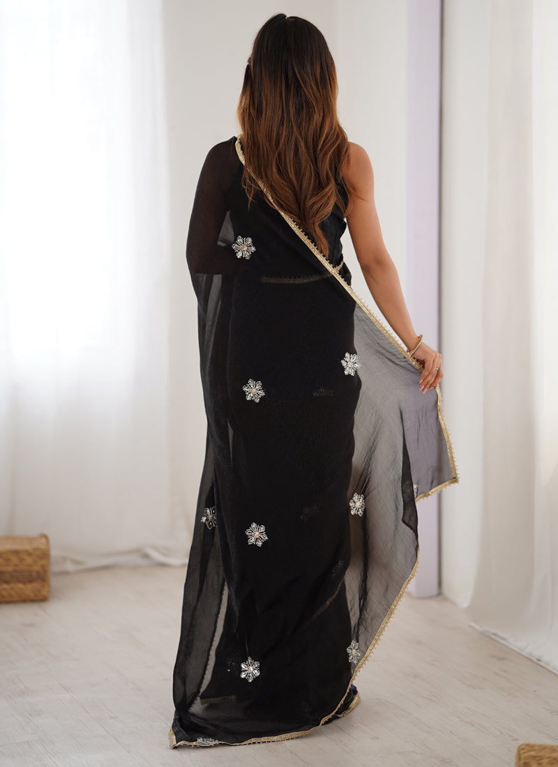 Vegaa Fashion Black Fandy Silk Moti & Val Sequence Designer Saree | Grocsy