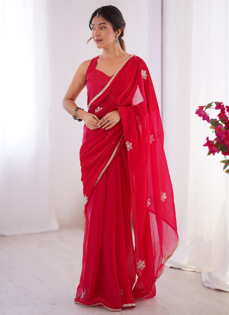 Vegaa Fashion Red Fandy Silk Moti & Val Sequence Designer Saree | Grocsy