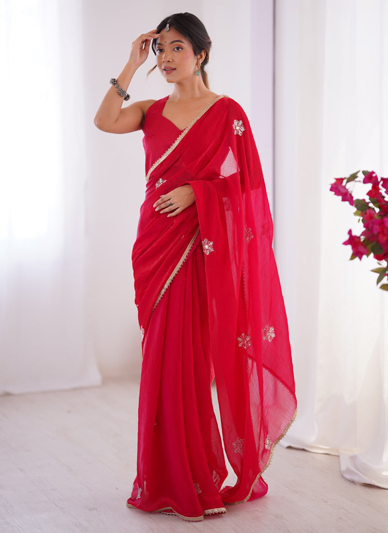 Vegaa Fashion Red Fandy Silk Moti & Val Sequence Designer Saree | Grocsy