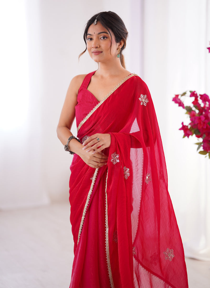 Vegaa Fashion Red Fandy Silk Moti & Val Sequence Designer Saree | Grocsy