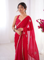 Vegaa Fashion Red Fandy Silk Moti & Val Sequence Designer Saree | Grocsy