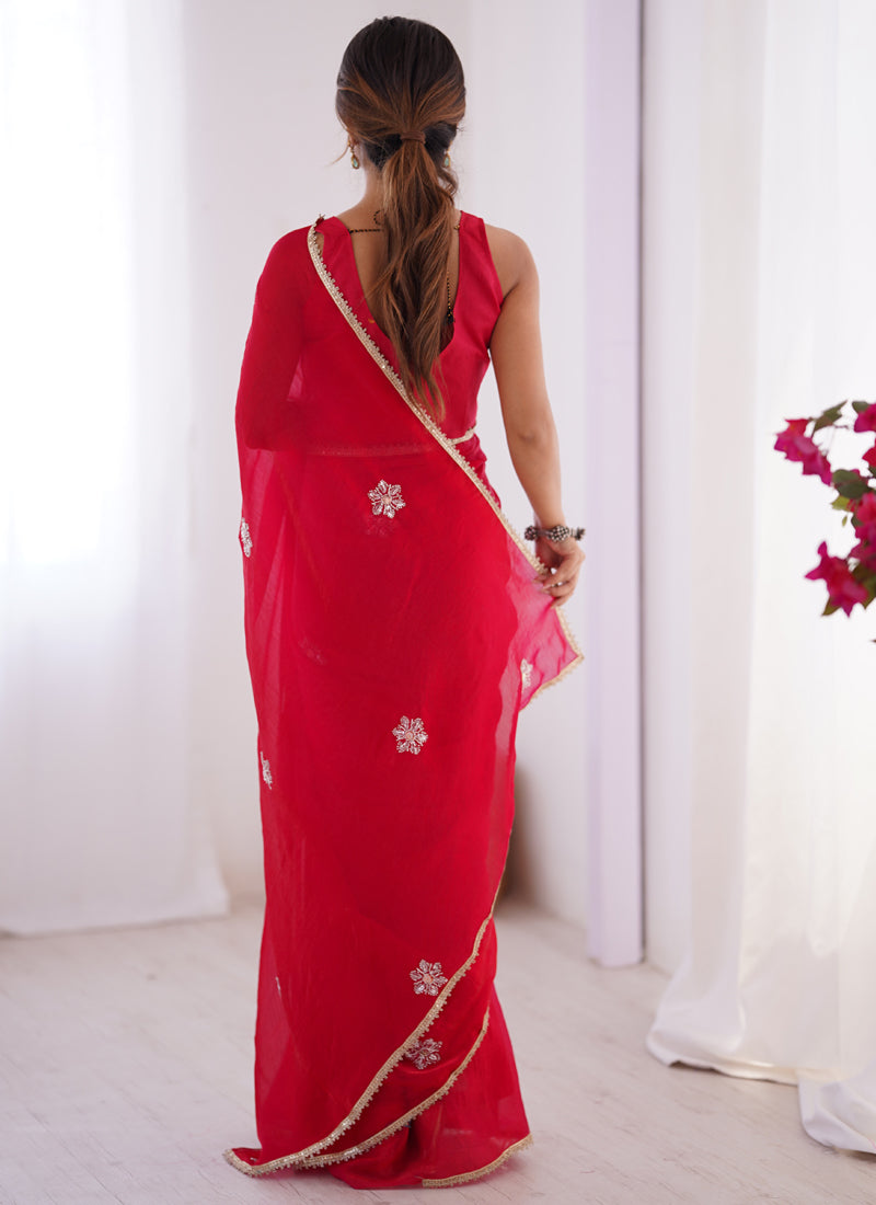 Vegaa Fashion Red Fandy Silk Moti & Val Sequence Designer Saree | Grocsy