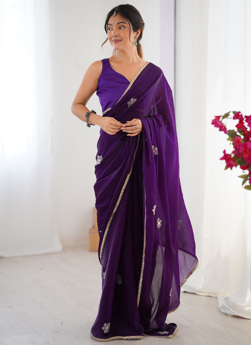 Vegaa Fashion Violet Fandy Silk Moti & Val Sequence Designer Saree | Grocsy