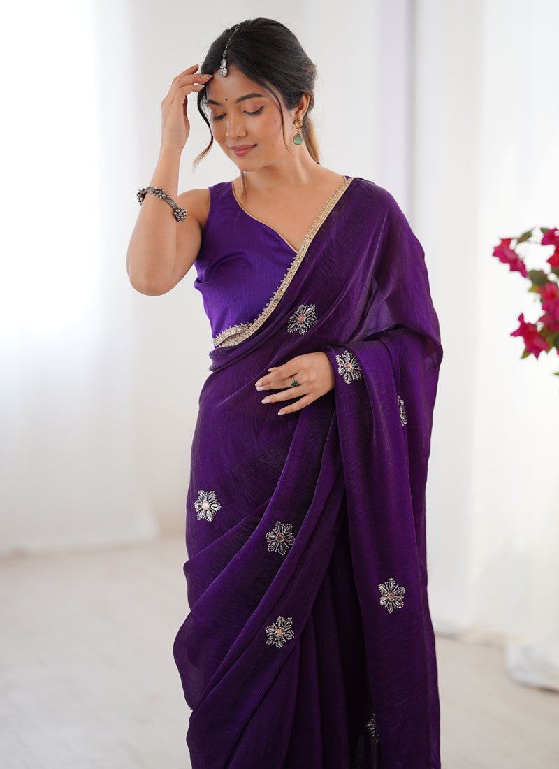 Vegaa Fashion Violet Fandy Silk Moti & Val Sequence Designer Saree | Grocsy