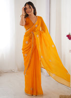 Vegaa Fashion Yellow Fandy Silk Moti & Val Sequence Designer Saree | Grocsy