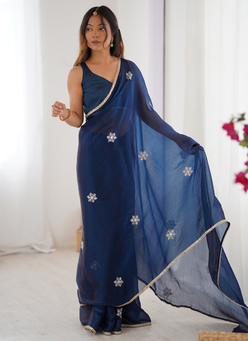 Vegaa Fashion Blue Fandy Silk Moti & Val Sequence Designer Saree | Grocsy